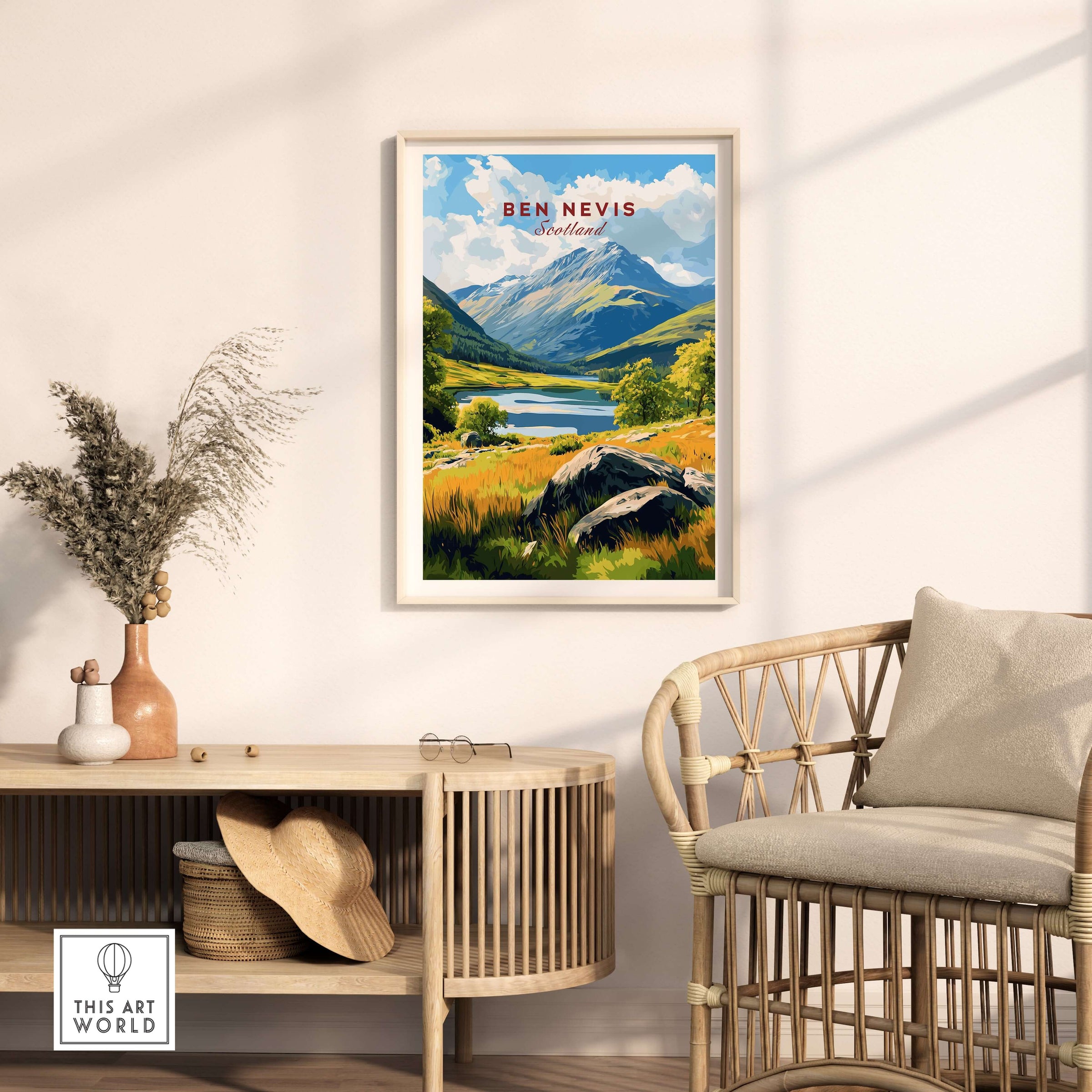 Ben Nevis Scotland Mountain Lake Landscape Print - Scottish Highlands Wall Art displayed in a modern interior setting.