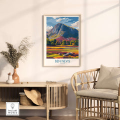Ben Nevis Wall Art Scotland Highland Landscape - Autumn Foliage Travel Decor displayed in a cozy living room setting.