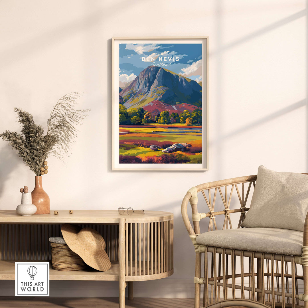 Vibrant Ben Nevis mountain scenery poster displayed in a cozy living room setting.