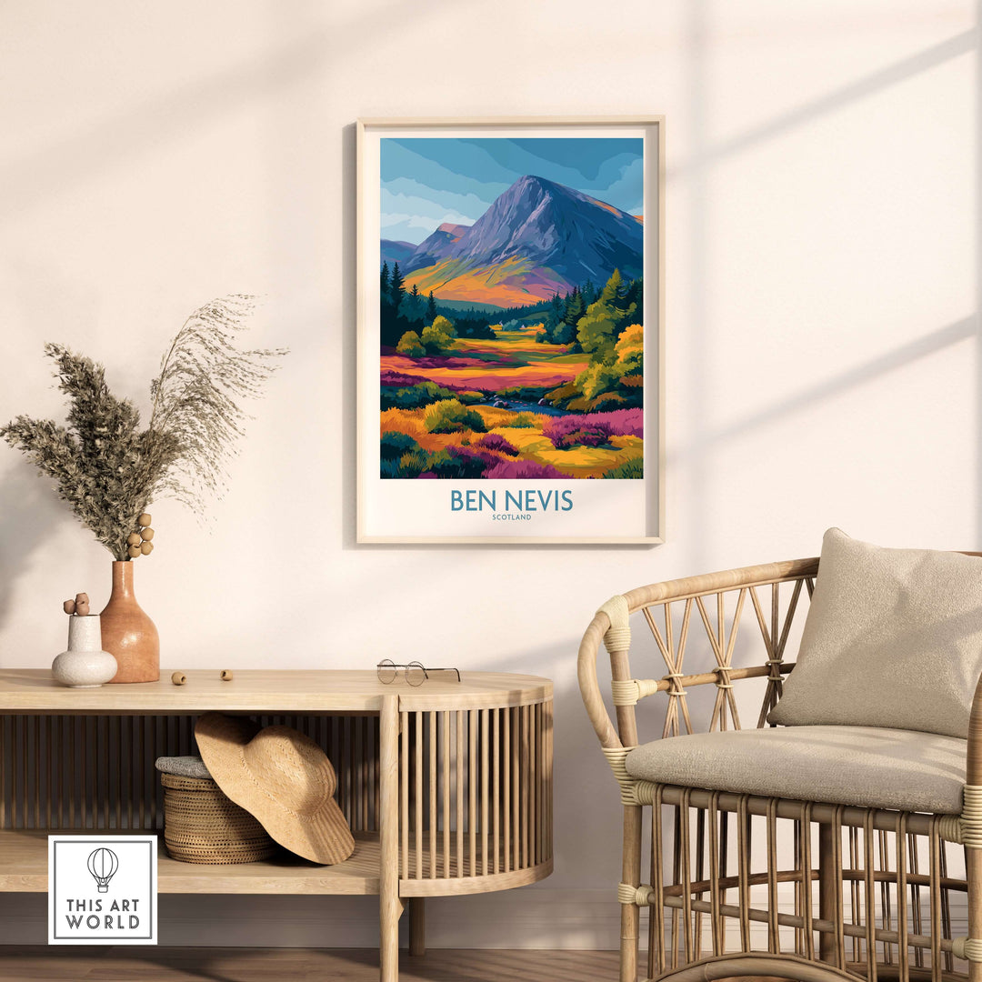 Ben Nevis landscape print showcasing vibrant heather fields and Scottish peaks, enhancing home decor.