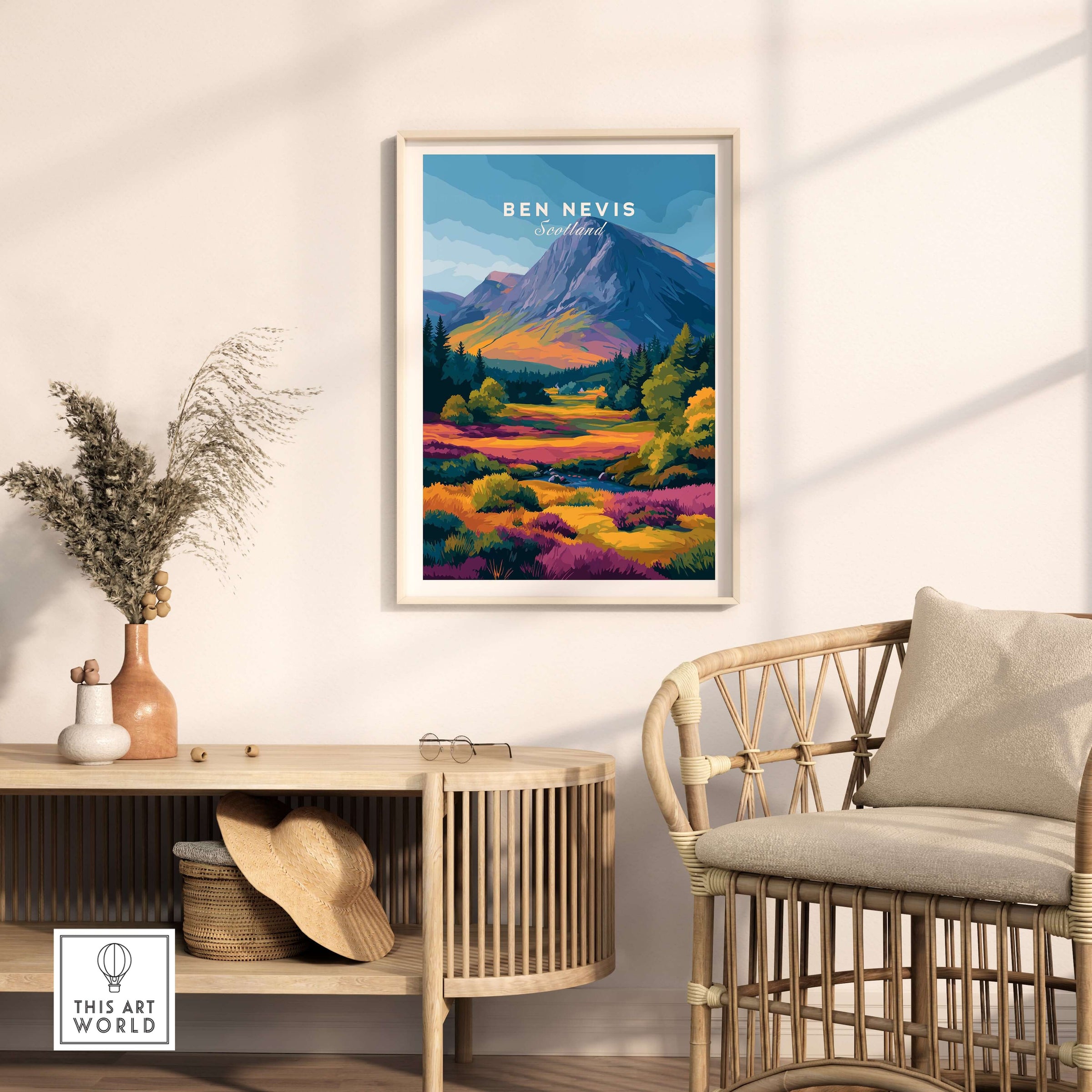 Ben Nevis Scotland Poster Autumn Mountain View - Fall Colors Wall Art displayed in a cozy living room setting.