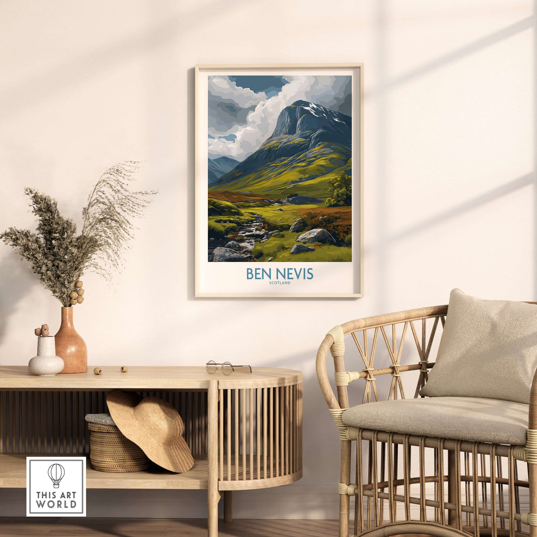 Ben Nevis Scotland panorama wall art displayed in a cozy living room, showcasing lush hills and serene landscapes.