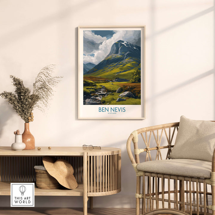 Ben Nevis Scotland panorama wall art displayed in a cozy living room, showcasing lush hills and serene landscapes.