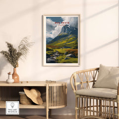 Ben Nevis Scotland Art Print Stream & Mountain - Rugged Scottish Landscape Poster displayed in a cozy interior.