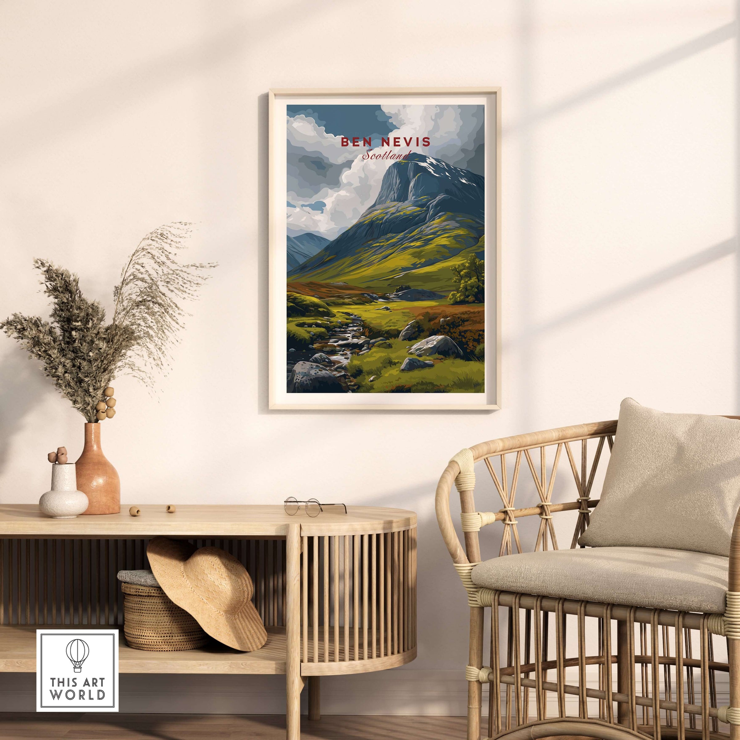 Ben Nevis Scotland Art Print Stream & Mountain - Rugged Scottish Landscape Poster displayed in a cozy interior.