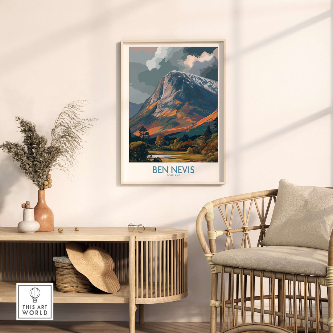 Ben Nevis landscape print showcasing cloudy peak, framed in modern decor, ideal Scottish artwork gift.