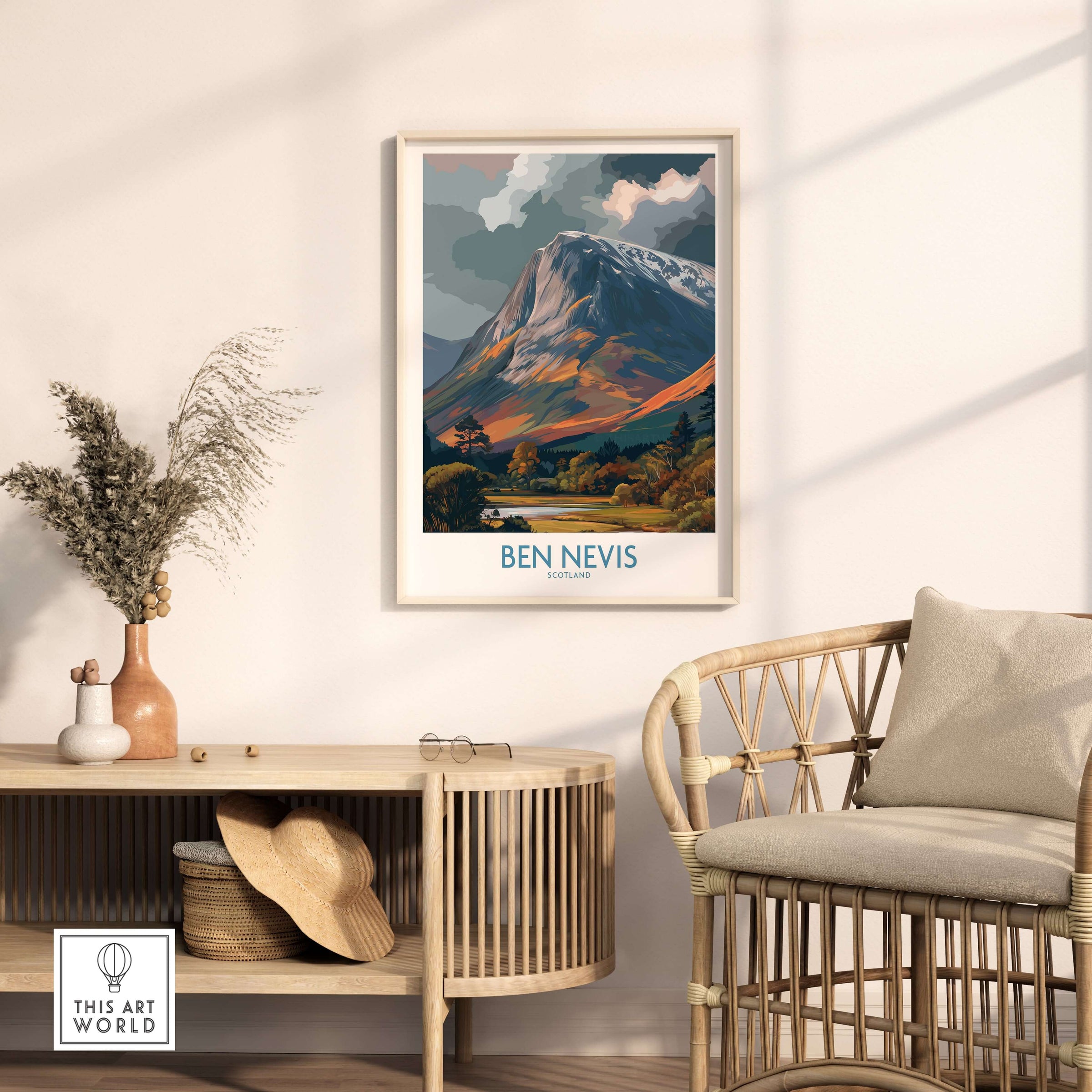 Ben Nevis Scotland Cloudy Peak Landscape Print - Scottish Artwork Gift displayed in a stylish living room.