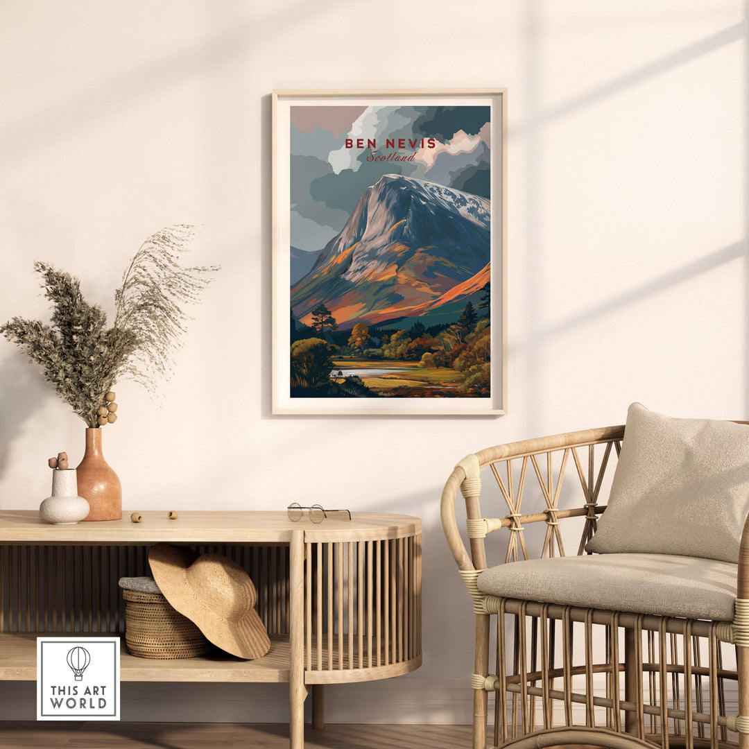 Ben Nevis snow-capped mountain poster in a modern living room setting, showcasing Scottish Highlands beauty.