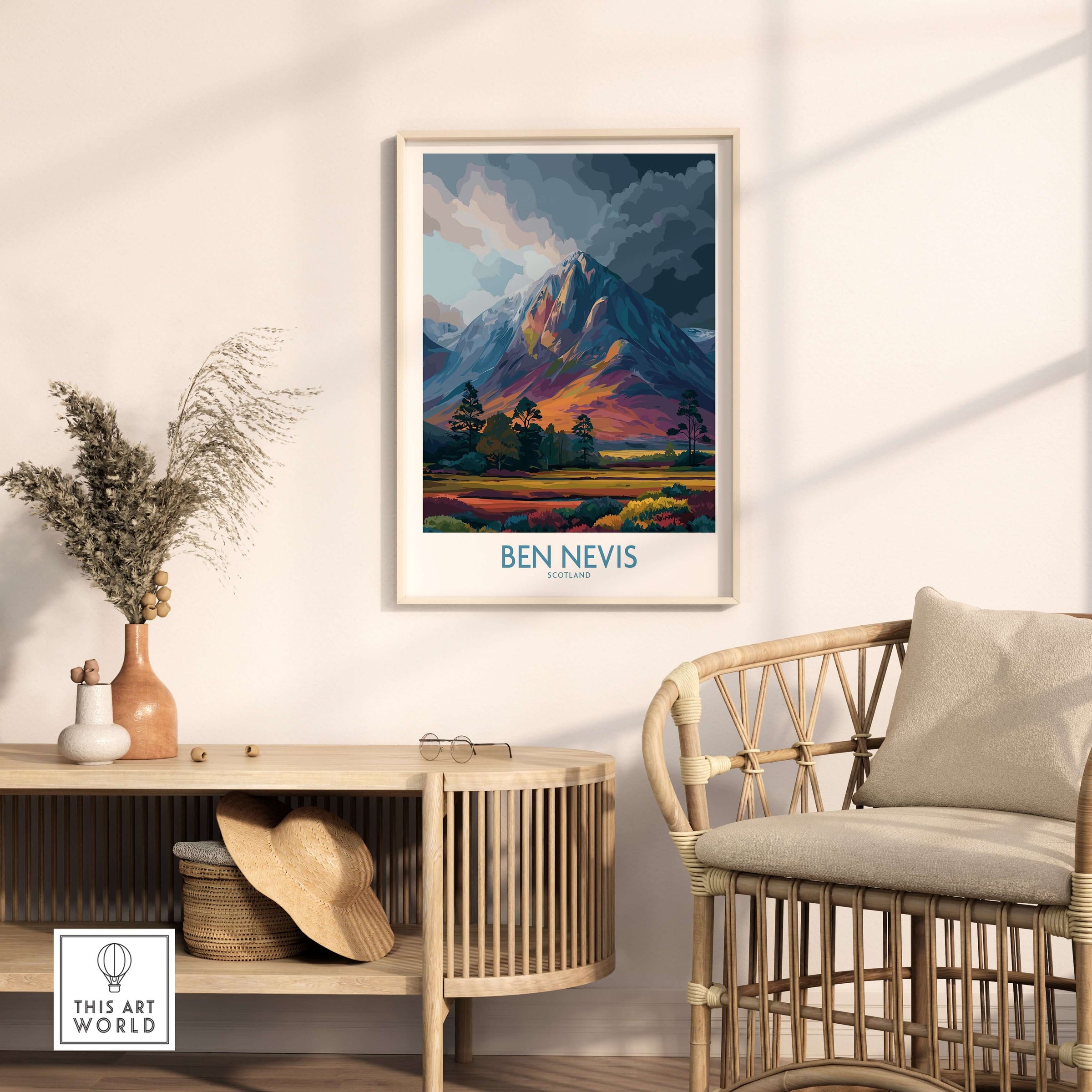 Ben Nevis Wall Art Scotland Moody Skies - Scottish Highlands Travel Poster displayed in a stylish living room setting.