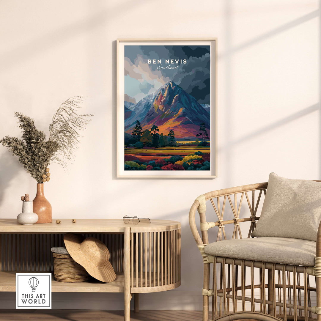 Framed Ben Nevis art print showcasing vibrant dusk colors of Scotland's mountains in a stylish interior setting.
