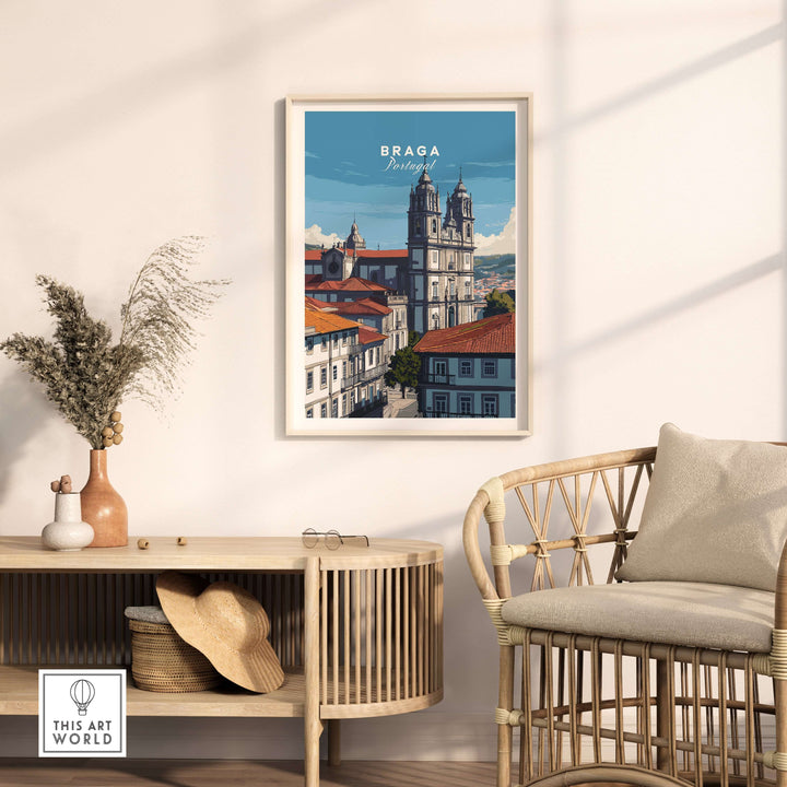 Braga Print | Portuguese Wall Decor featuring a charming cityscape artwork in a cozy interior setting.