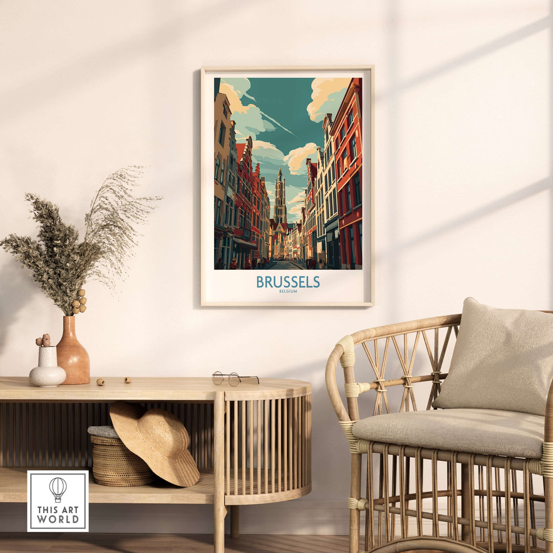 Brussels Belgium Gothic architecture travel poster displayed in a stylish living room setting.