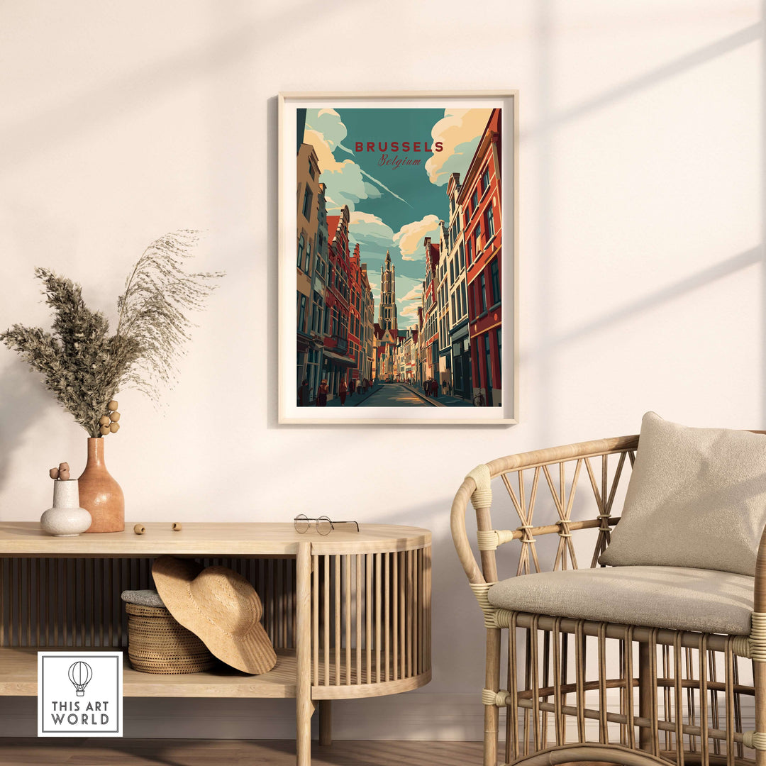 Brussels Grand Place street art poster in a cozy living room setting, showcasing historic European charm.