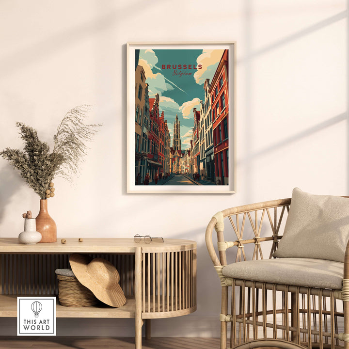 Brussels Grand Place street art poster in a cozy living room setting, showcasing historic European charm.