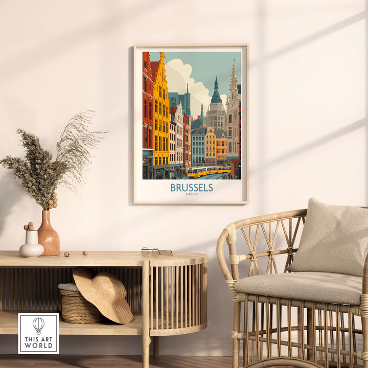 Brussels wall art print showcasing Belgium's historic buildings in a stylish living space.