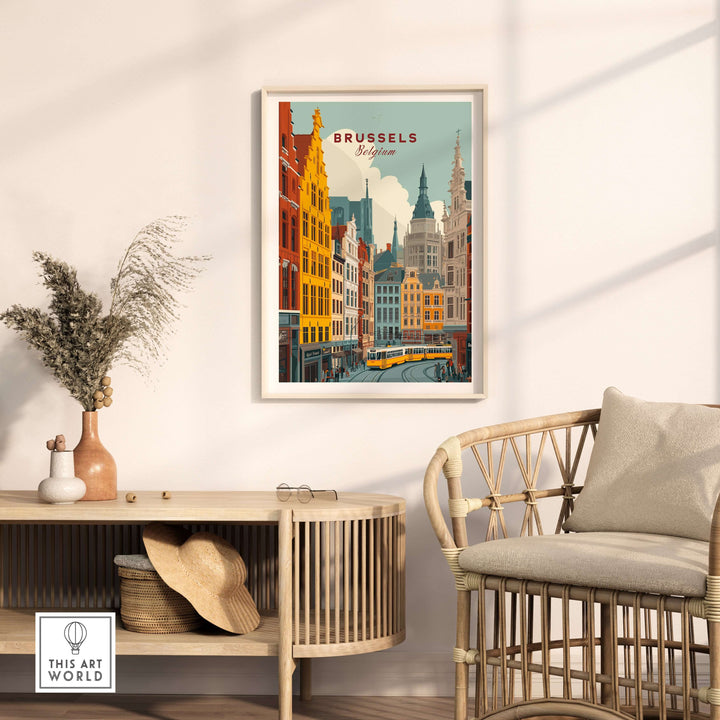Brussels Belgium Tram cityscape poster displayed in a stylish living room with modern decor.