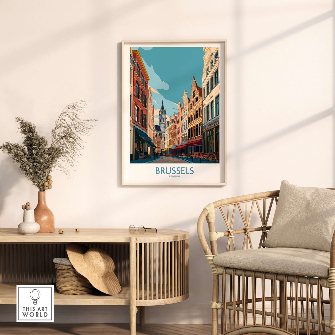Vibrant Brussels wall art print showcasing the beautiful architecture of the city in a stylish living room setting.