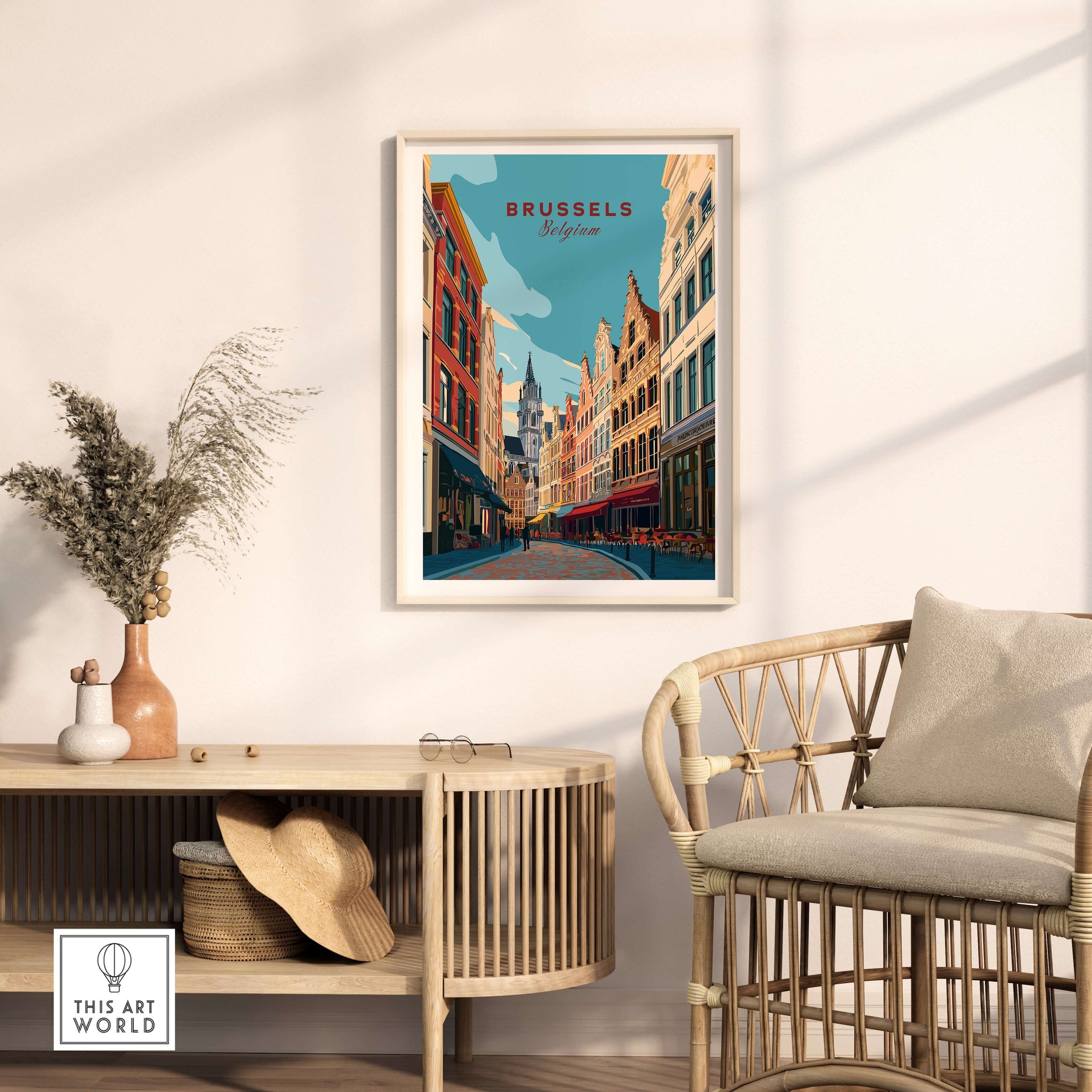 Brussels Print Belgium - Old Town Europe Poster displayed in a stylish room setting with modern decor.