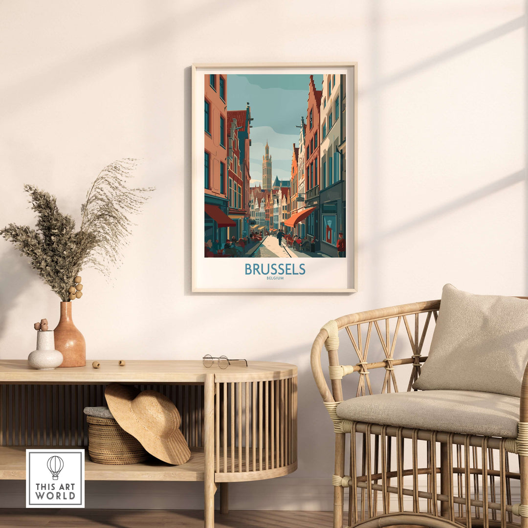 Brussels wall art print showcasing vibrant streets and iconic architecture of Belgium's capital in a stylish interior setting.