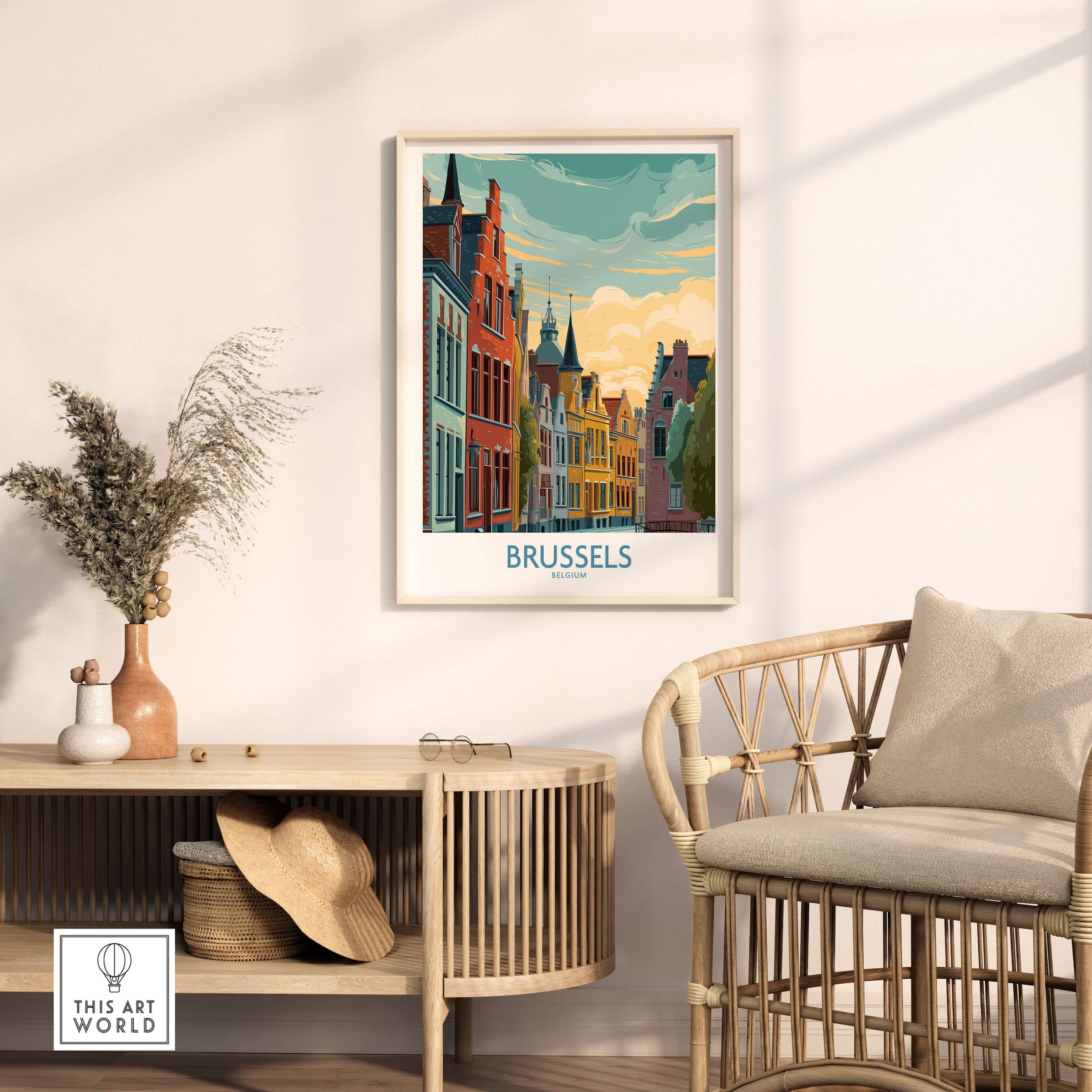 Brussels Belgium Travel Poster framed on a wall above a stylish chair, showcasing vibrant city architecture.