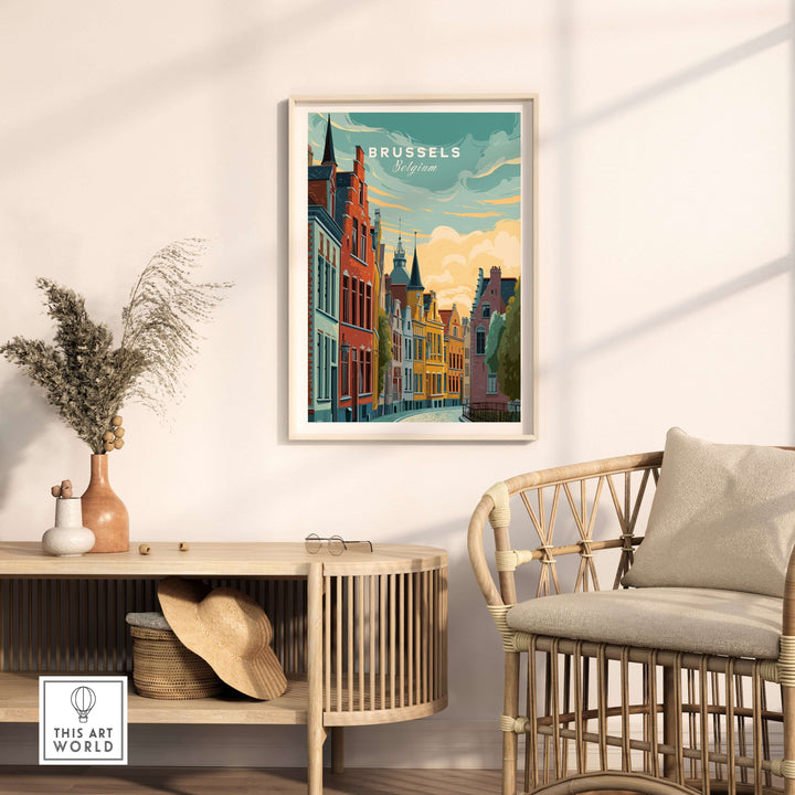 Brussels historic houses sunset poster featuring iconic European architecture in a stylish living room setting.