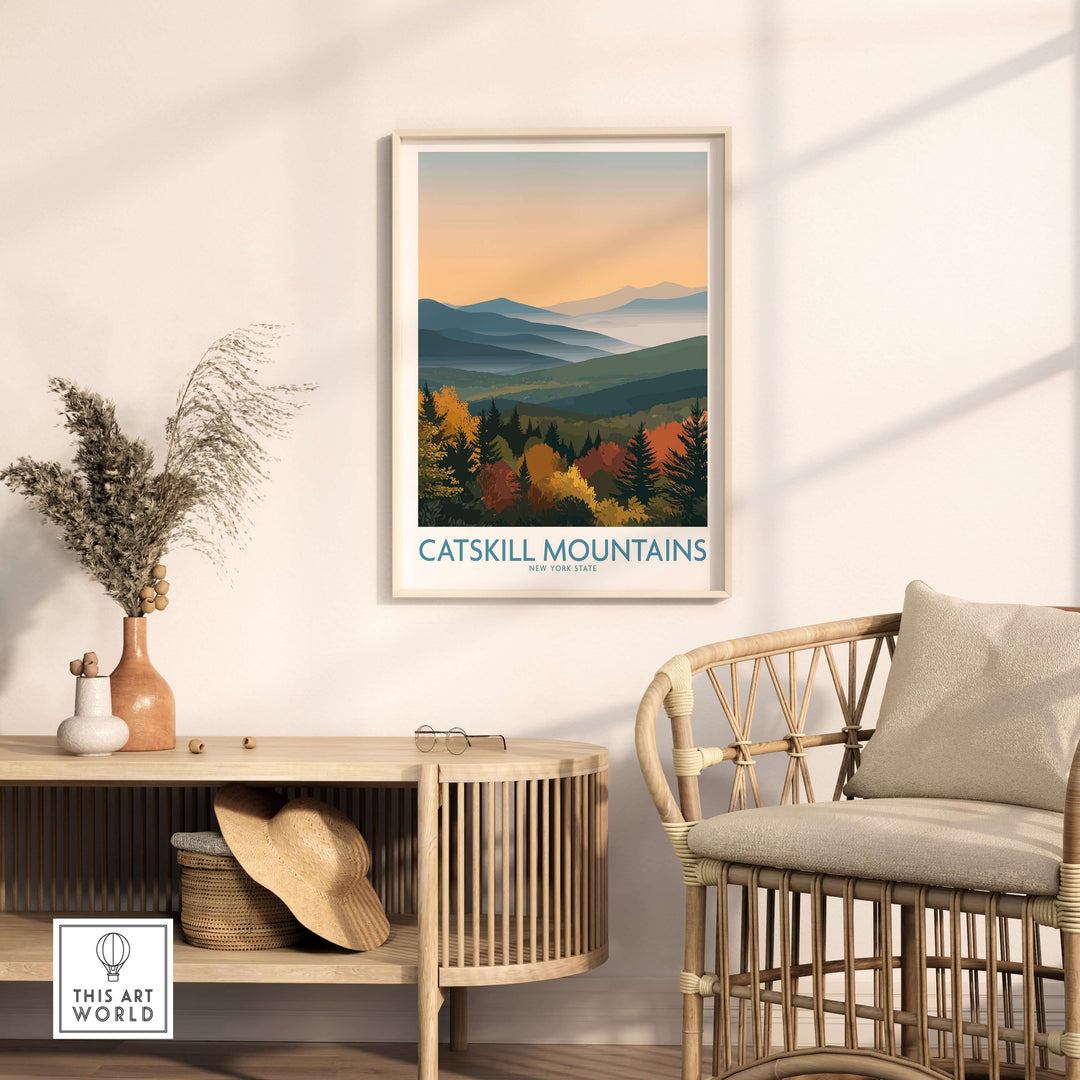 Catskill Mountains New York fall landscape poster featuring autumn colors, perfect for travel decor and nature lovers.