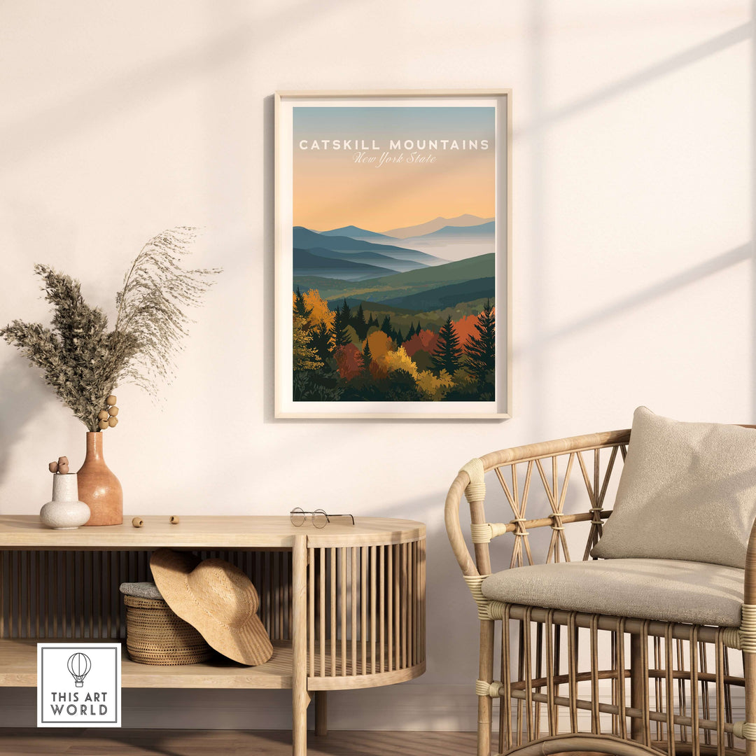 Catskill Mountains New York Autumn Foliage Print featuring vibrant fall colors in a serene mountain valley.