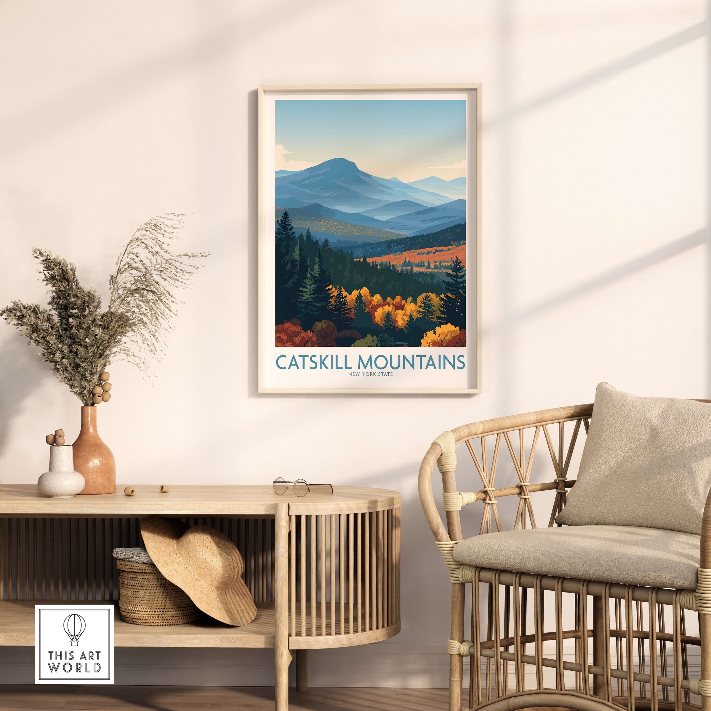 Catskill Mountains New York Blue Mountains Fall Poster - New York State Nature Decor displayed in a modern living room.