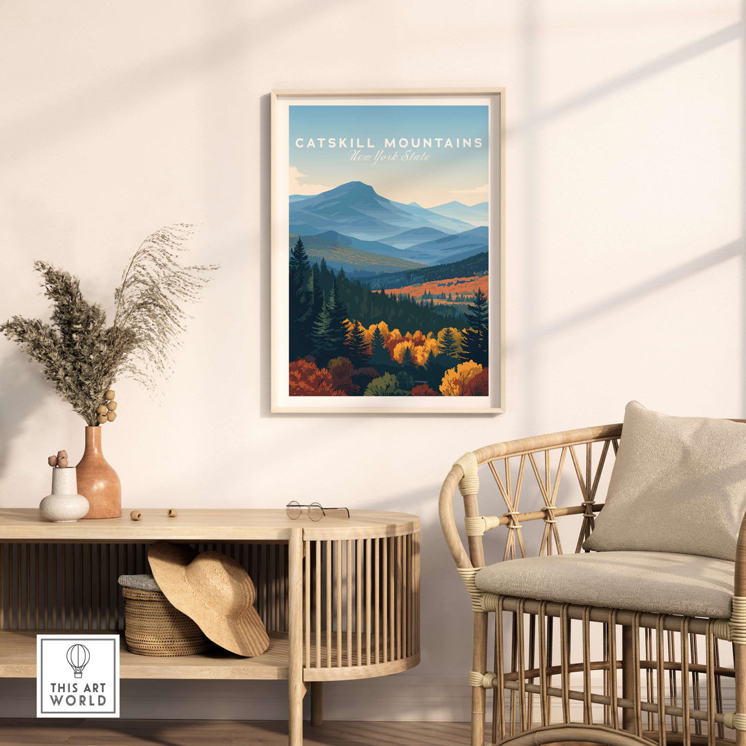 Catskill Mountains layered hills print in a cozy living room setting with natural decor and soft lighting.