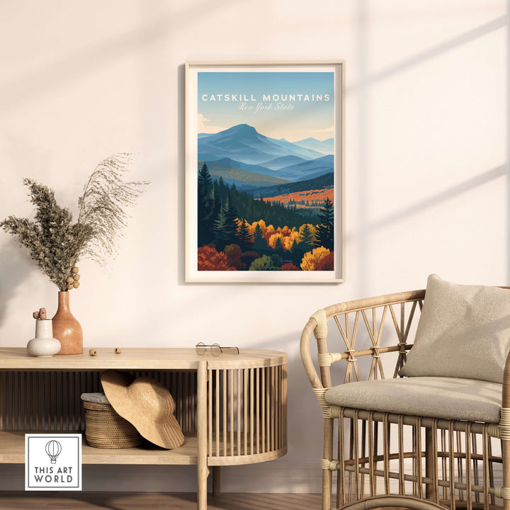 Catskill Mountains layered hills print in a cozy living room setting with natural decor and soft lighting.