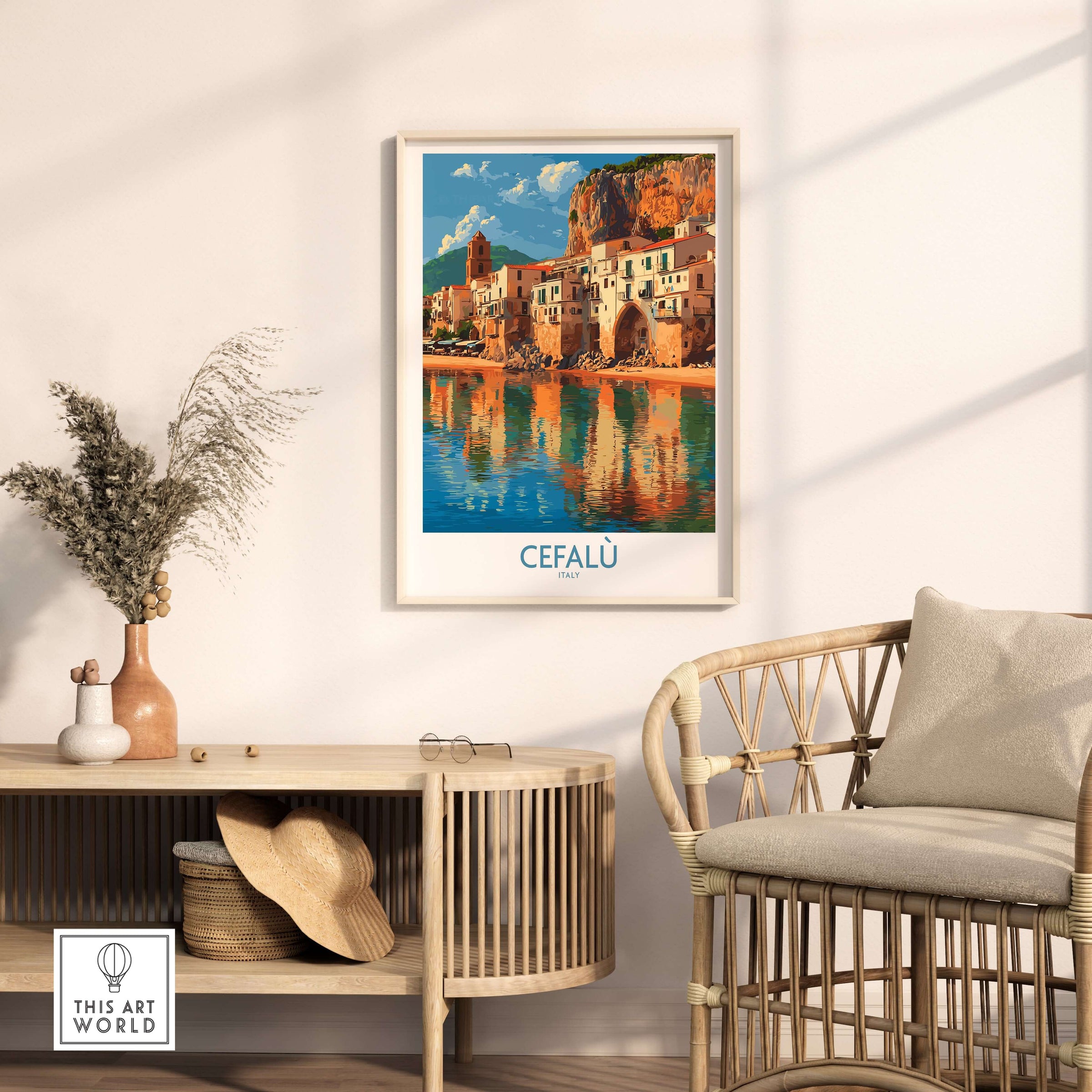Cefalù Italy Mediterranean Beach Poster - Historic Seaside Travel Print displayed in a stylish living room setting.