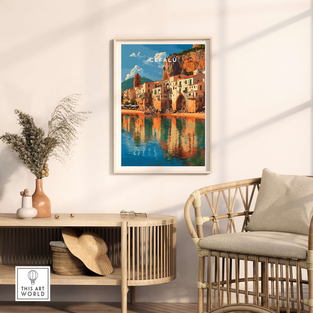 Cefalù Italy travel print showcasing a vibrant Sicilian village by the coast, framed and displayed in a cozy interior.