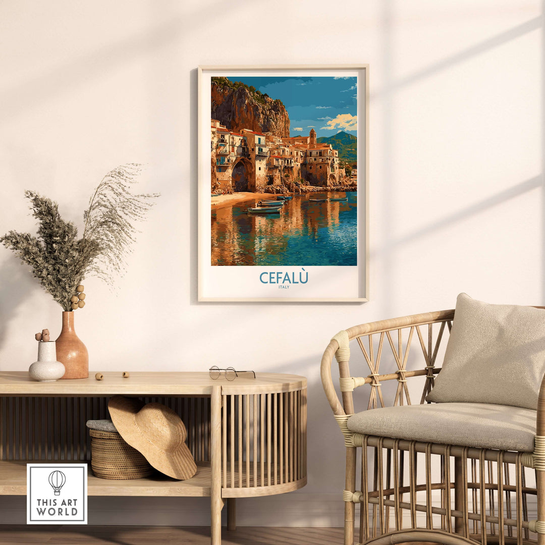 Cefalù wall art featuring colorful coastal buildings and scenic views, perfect for Italian decor.