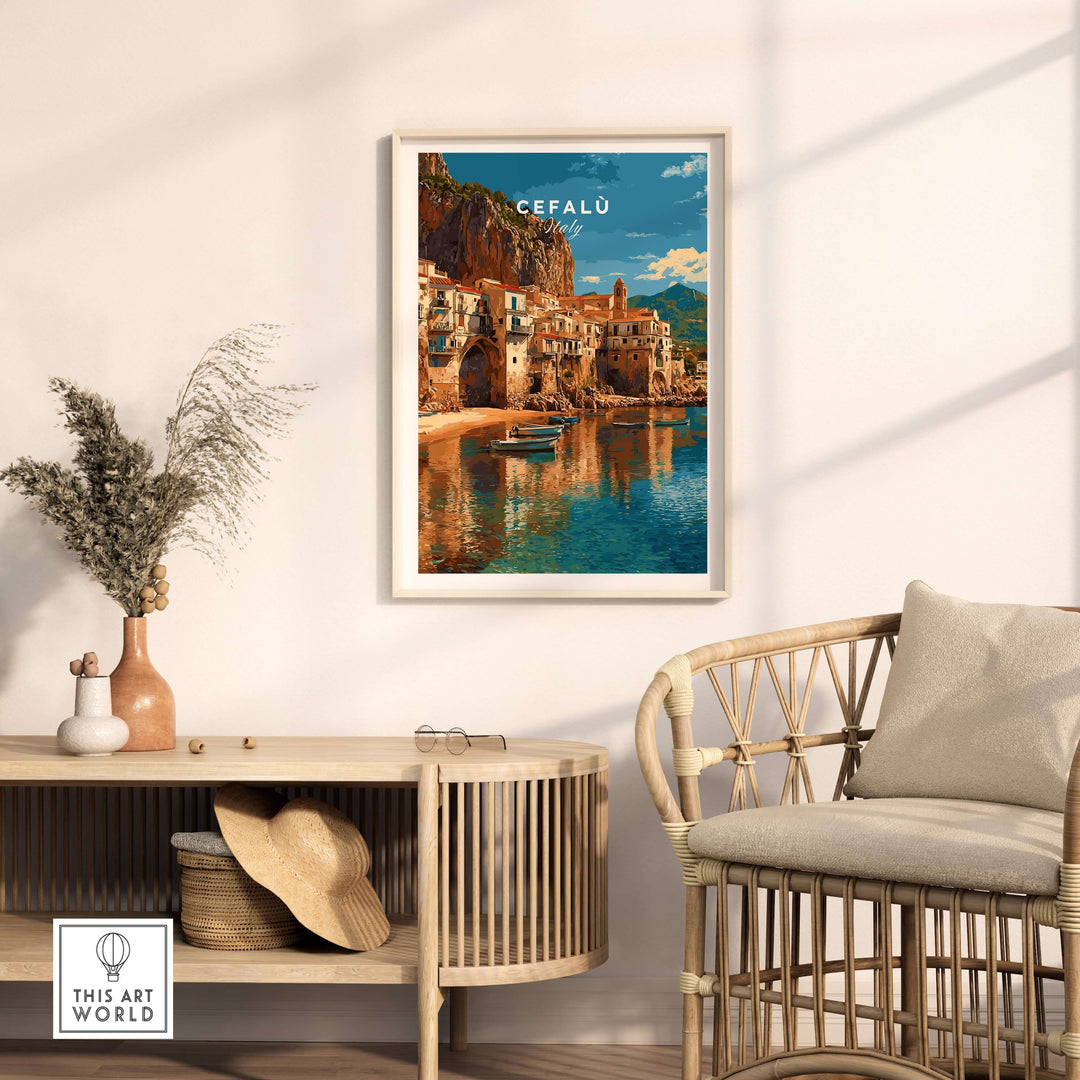 Cefalù Italy poster showcasing stunning Sicilian coastline views and village architecture in a stylish home setting.