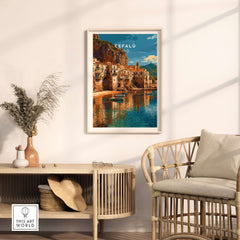 Cefalù Italy Poster - Sicilian Coastline Art Print showcasing charming seaside views in a serene living room setting.
