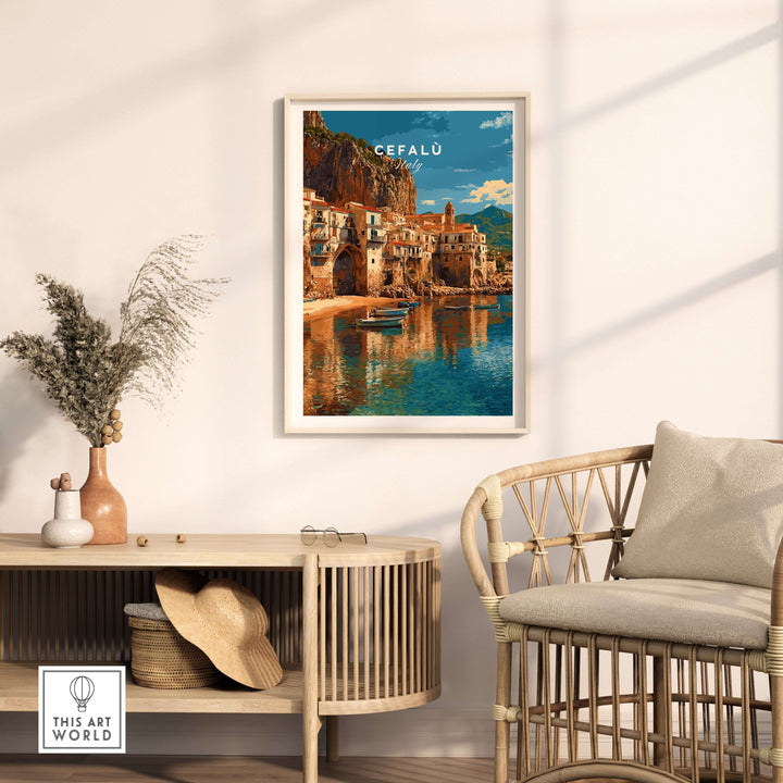 Cefalù Italy poster showcasing stunning Sicilian coastline views and village architecture in a stylish home setting.