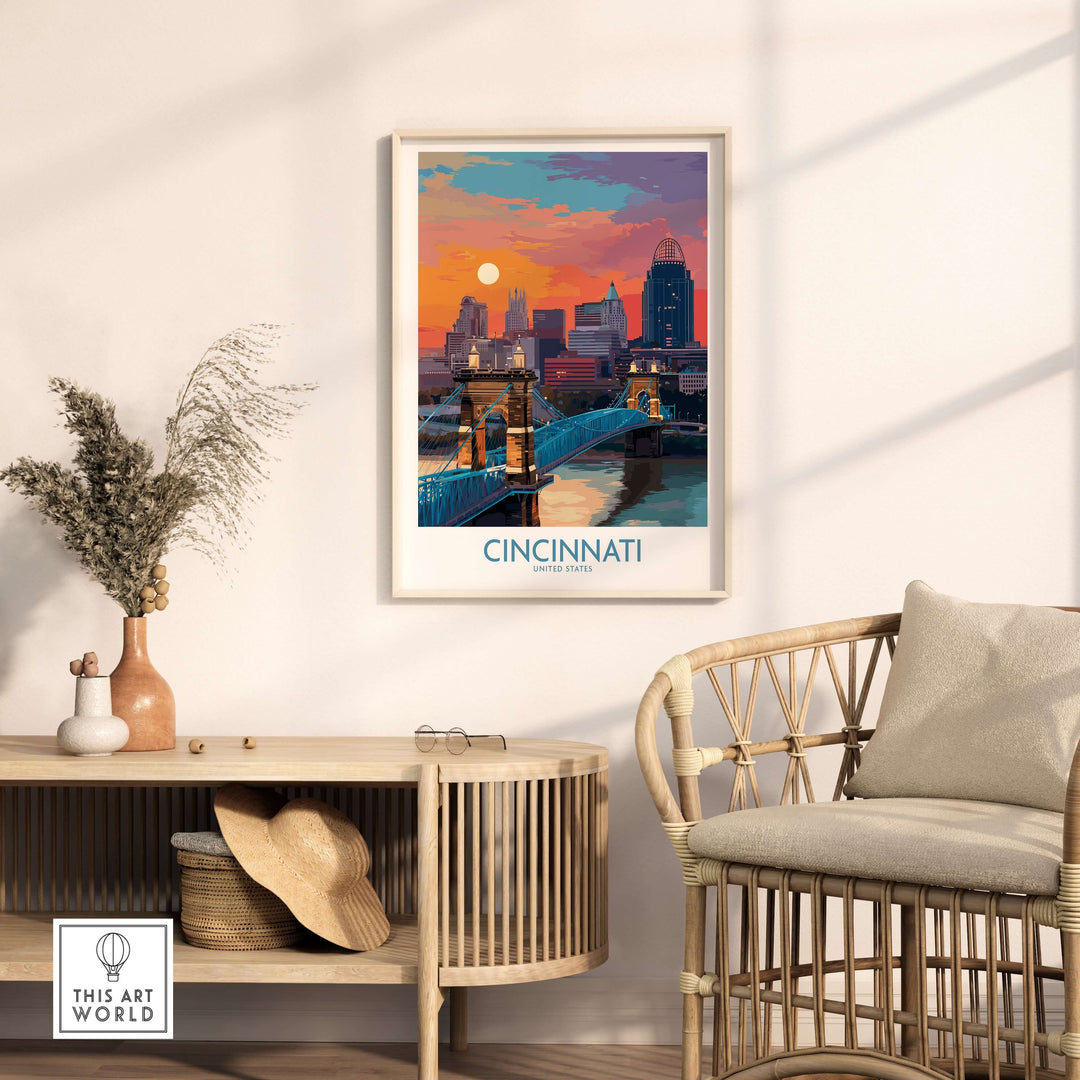 Cincinnati downtown cityscape print featuring sunset, bridge, and skyline in a modern living space decor.