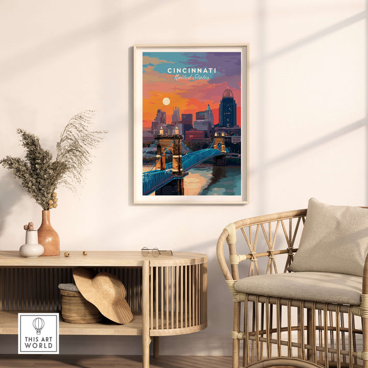 Cincinnati Ohio sunset skyline poster featuring Roebling Bridge, vibrant urban wall art for home decor.