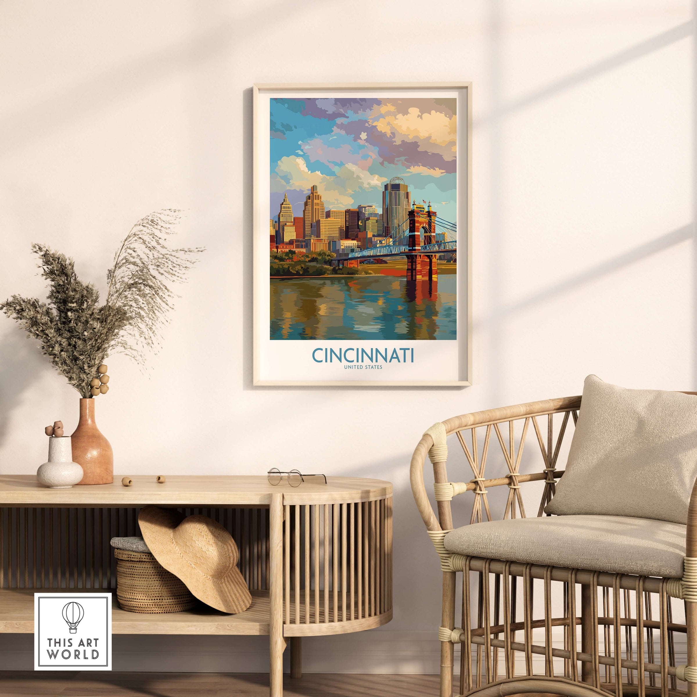 Cincinnati Riverfront Cityscape Poster - Ohio Wall Art displayed in a stylish living room setting.