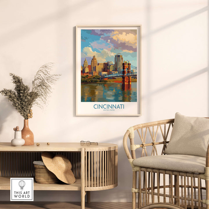 Cincinnati riverfront cityscape poster in a cozy living room setting with stylish decor.