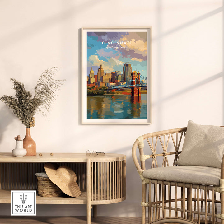 Cincinnati Ohio skyline print featuring Roebling Bridge, showcased in modern decor setting with rattan furniture.