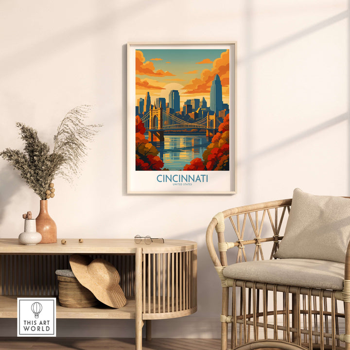 Cincinnati skyline print showcasing autumn colors in a cozy living room setting.