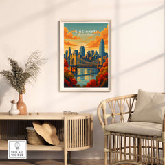 Cincinnati Sunset River Reflection Poster - Roebling Bridge Wall Art displayed in a cozy living space with decor.