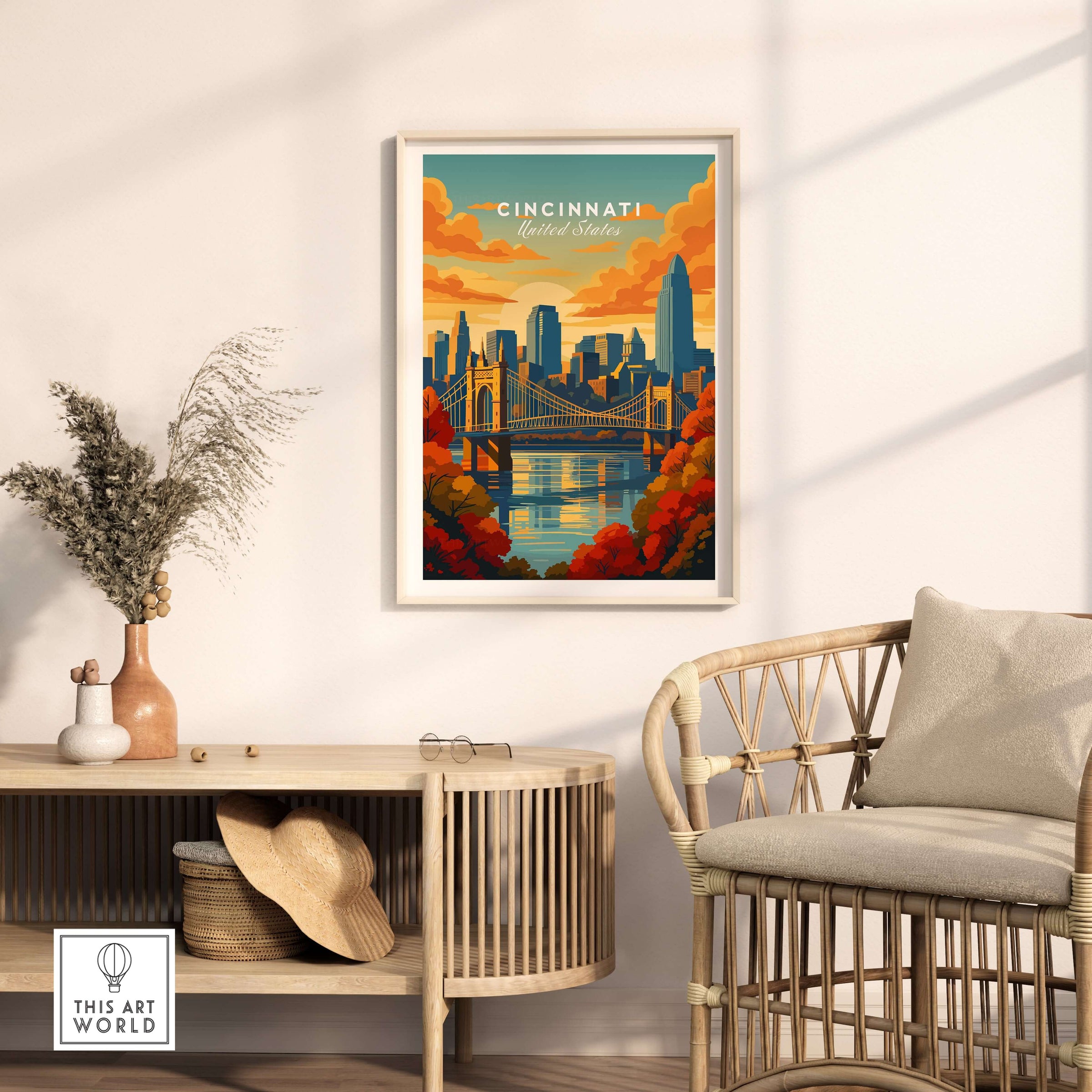 Cincinnati Sunset River Reflection Poster - Roebling Bridge Wall Art displayed in a cozy living space with decor.