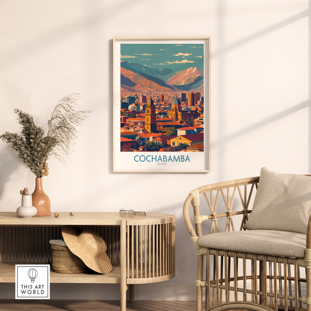 Cochabamba Bolivia downtown wall art showcasing cityscape and mountains in a stylish home decor setting.