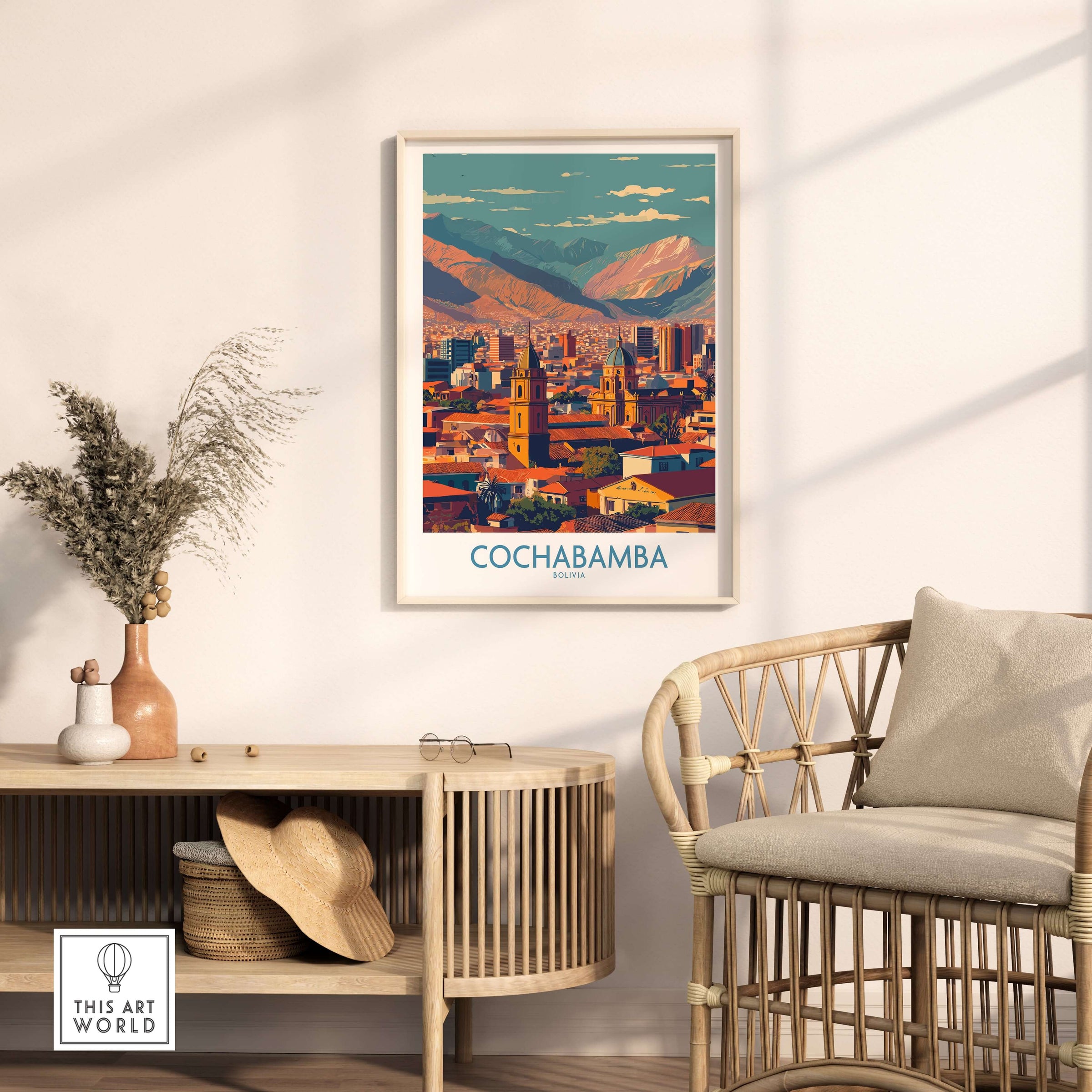 Cochabamba Bolivia Downtown Bolivia Wall Art - City & Mountain View Print displayed in modern decor setting.