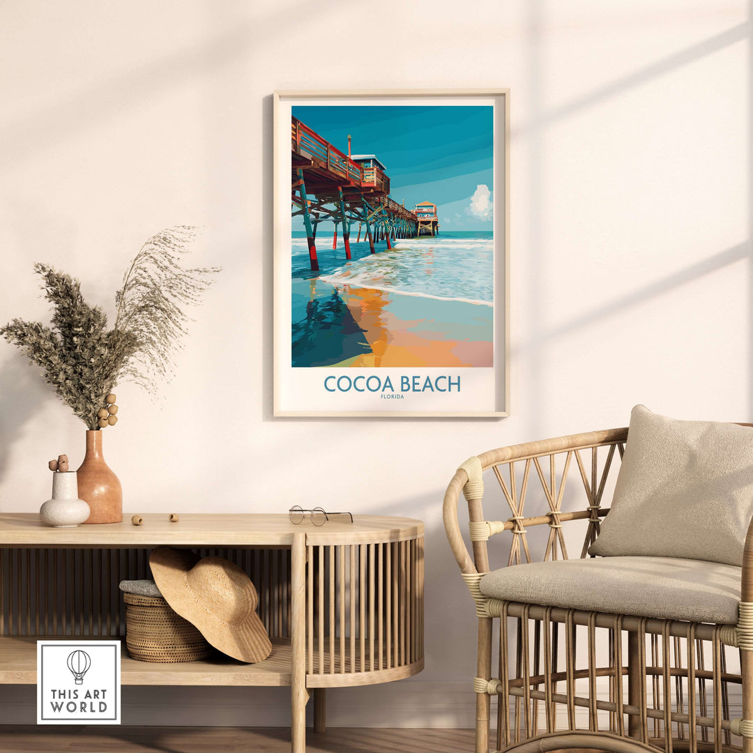 Cocoa Beach Pier poster displayed in a stylish living room, enhancing Florida beach travel decor.