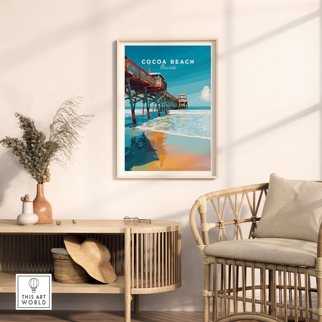 Cocoa Beach Florida pier print in a stylish living room, showcasing coastal charm and vibrant beach vibes.