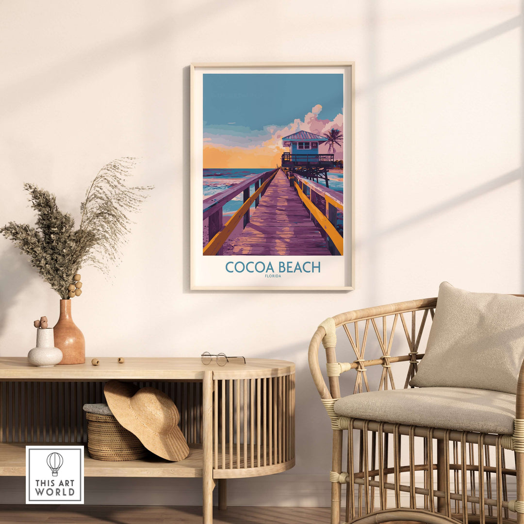 Cocoa Beach wooden pier poster in a modern living room with coastal decor, showcasing vibrant sunset colors.