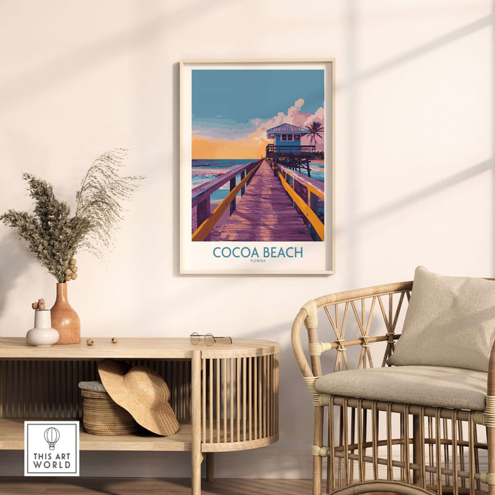 Cocoa Beach wooden pier poster in a modern living room with coastal decor, showcasing vibrant sunset colors.